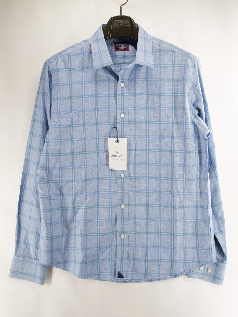 UNTUCKit Rodano NWT Shirt Mens Large L Slim Fit Light Blue Plaid Wrinkle Free